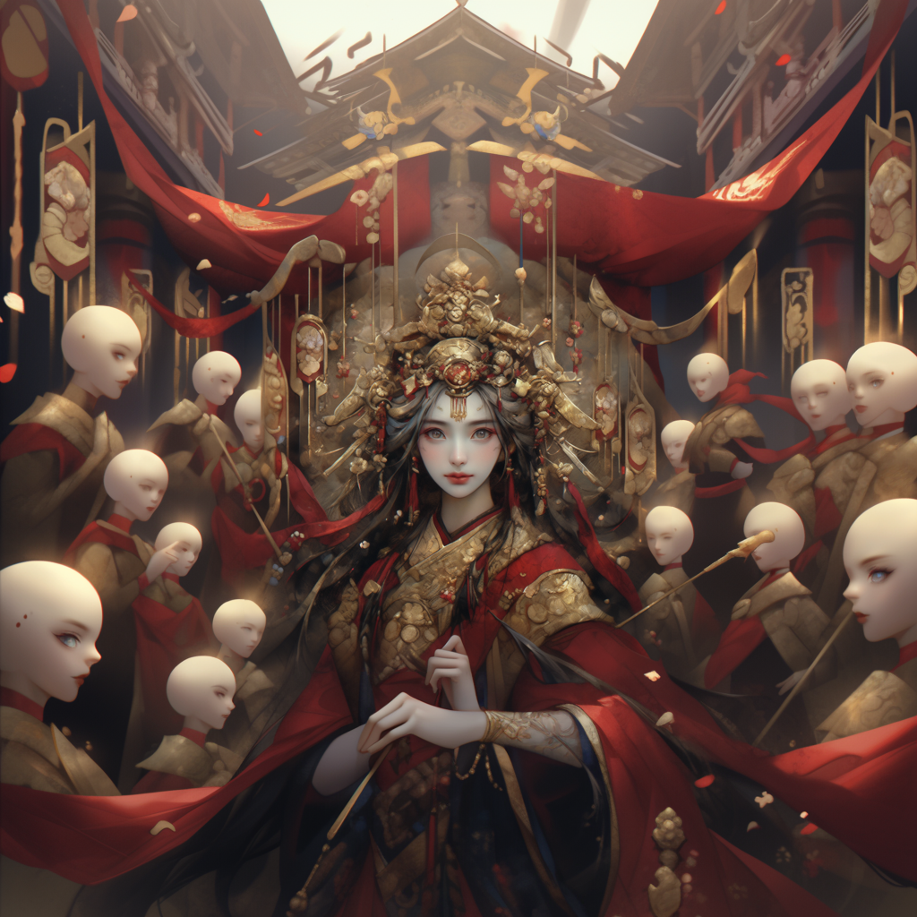 图片展示了一位身穿华丽服饰的女性，头戴繁复的金色头饰，面带淡妆，表情冷峻。她周围环绕着许多身穿浅色服饰、头戴白色帽子的男子。背景为一座装饰华丽的建筑，悬挂着红色的布幔和旗帜，建筑上有金色的装饰物。该图片可能用于展示Gen-2图像生成技术生成的图像效果，与文档中介绍的图像生成能力相关。