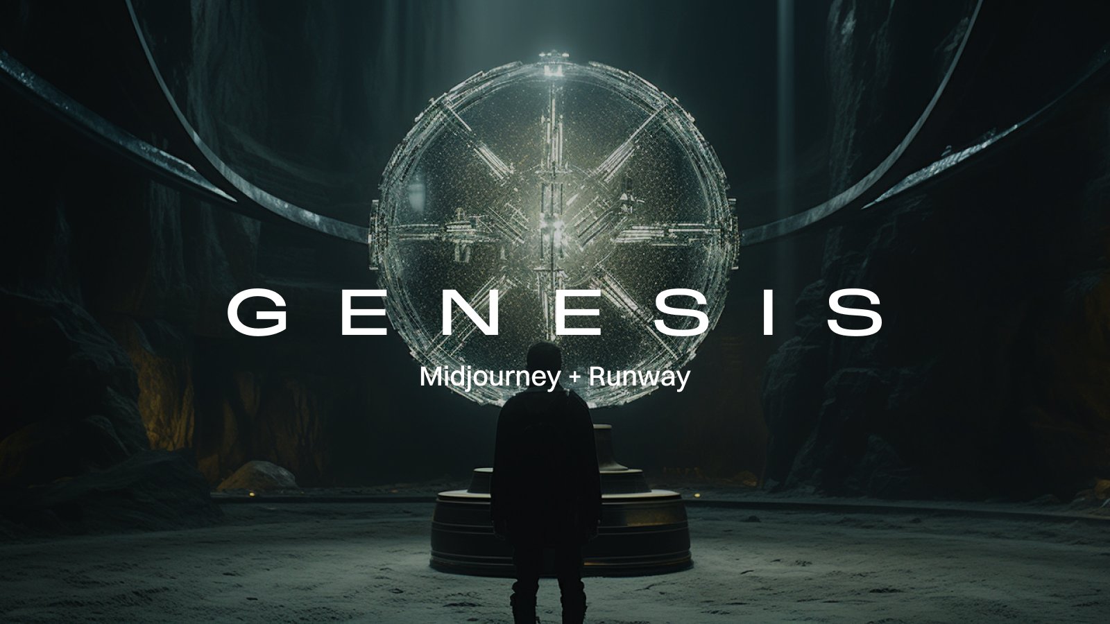图片展示的是预告片《GENESIS创世纪》的标题画面。画面中央是一个发光的球体，球体上刻有复杂的图案，周围环绕着金属结构。球体上方大字显示“GENESIS”，下方小字标注“Midjourney + Runway”。画面背景为暗色调，营造出一种神秘、科技感十足的氛围。该图片位于介绍预告片制作过程的文档开头部分，起到吸引读者注意、展示作品主题的作用。