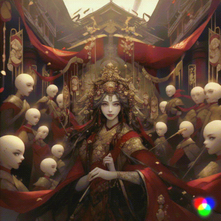 图片展示了一位身穿华丽服饰的女性，头戴金色头饰，面带淡妆，手持权杖，周围环绕着一群身着红色服饰、头戴白色面具的随从。背景为古风建筑，悬挂着红色灯笼和旗帜，营造出一种神秘而庄重的氛围。图片与文档中介绍Runway Gen - 2图像到视频功能的内容相关，可能是展示其生成图像效果的示例。